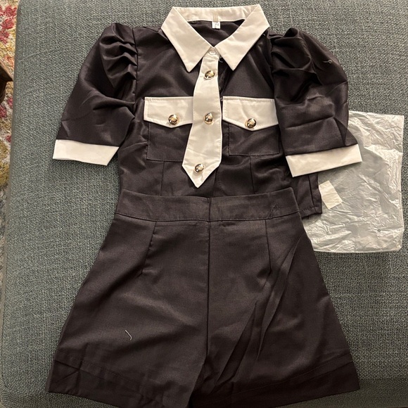 Black and White Button-Up Two Piece Set with Shorts - Picture 1 of 3